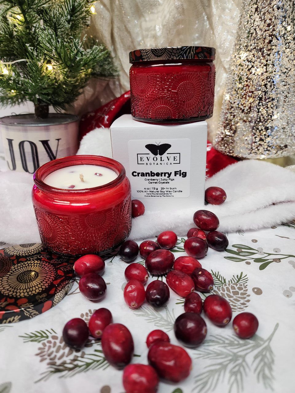 Cranberry Fig  - 4 oz Soy Candle (Embossed Glass Jar) Evolve Botanica