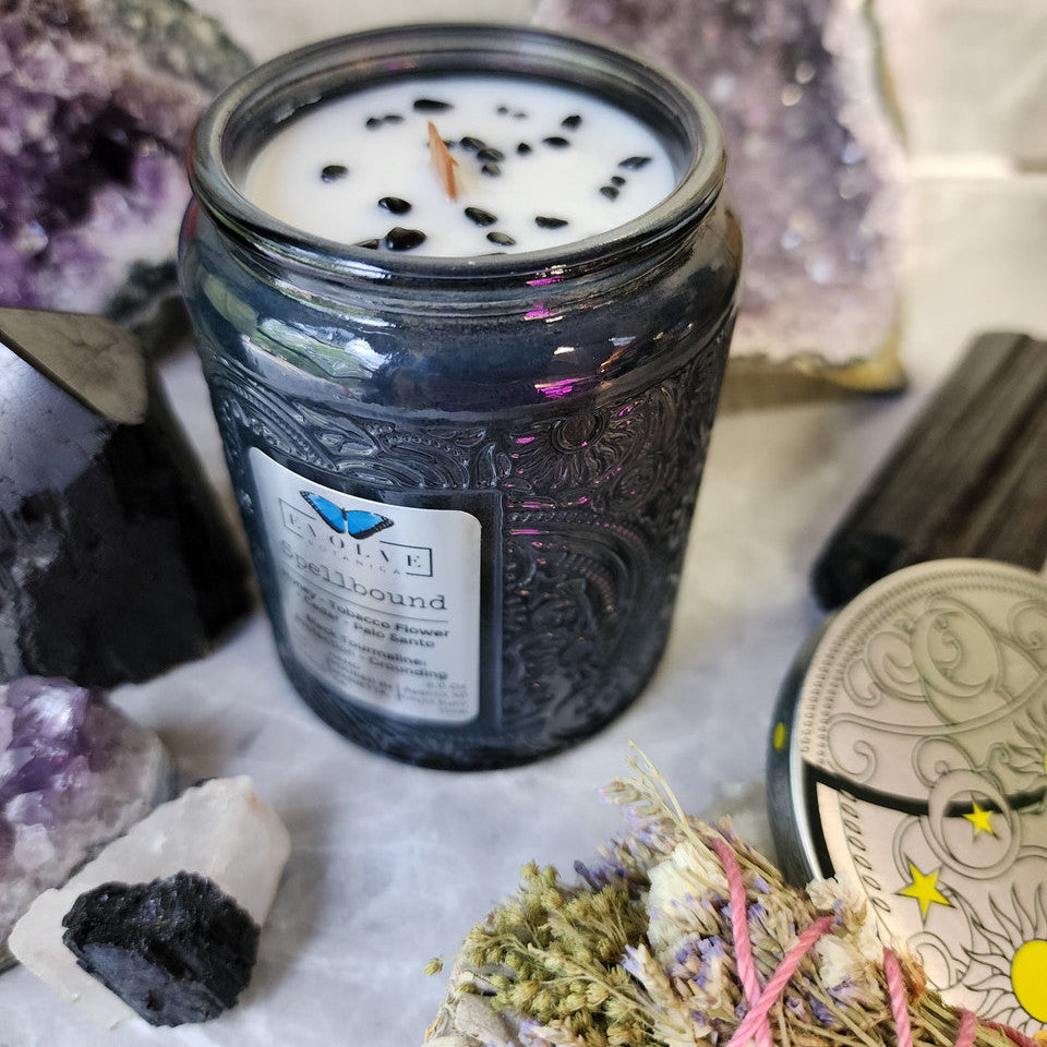 Evolve Botanica Spellbound  - Wood Wick Soy Candle (Black Tourmaline) Embossed Glass