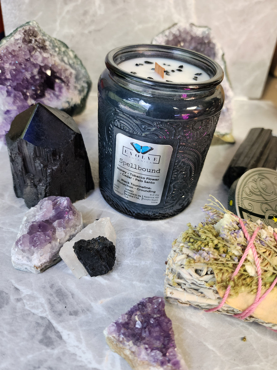 Evolve Botanica Spellbound  - Wood Wick Soy Candle (Black Tourmaline) Embossed Glass