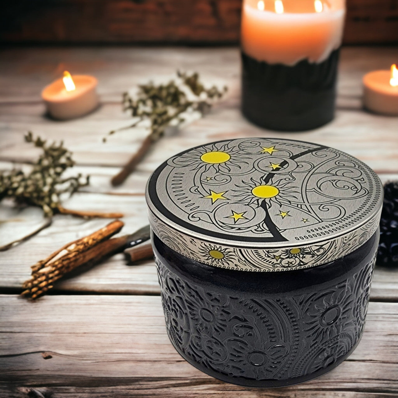 Evolve Botanica Spellbound  - Wood Wick Soy Candle (Black Tourmaline) Embossed Glass