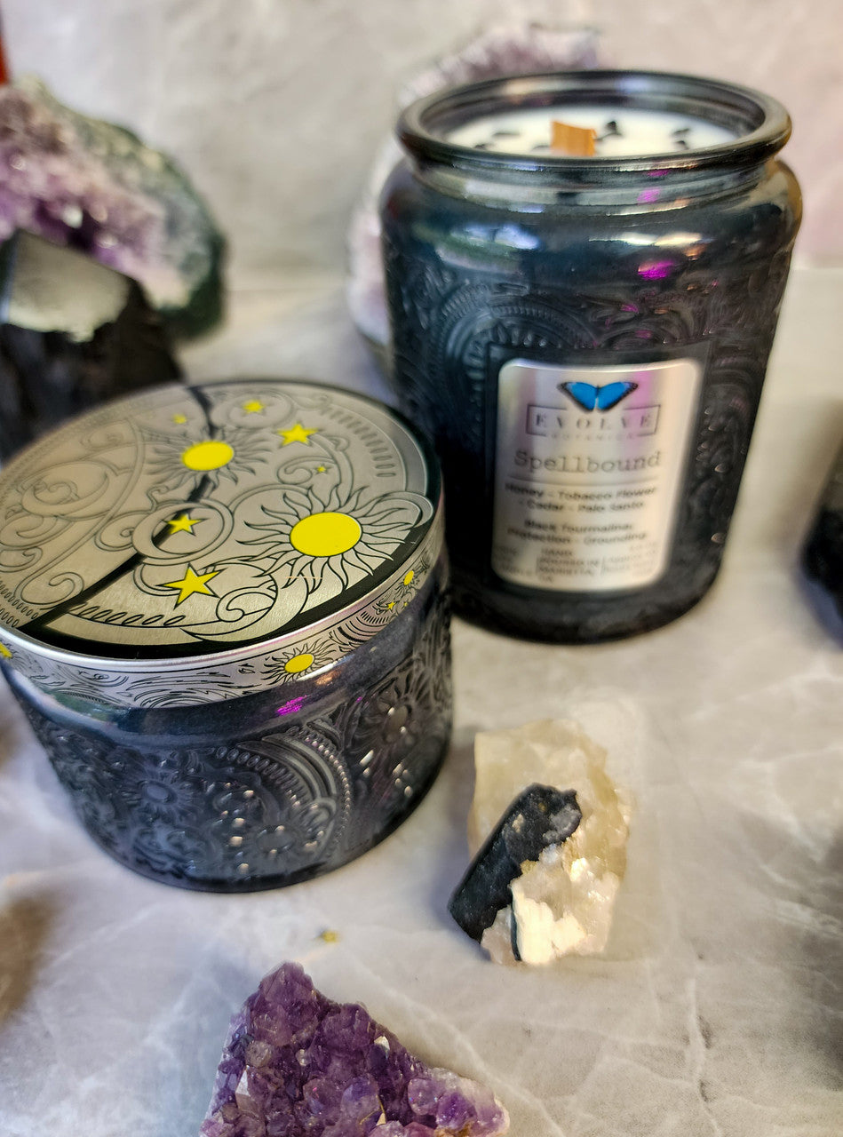 Evolve Botanica Spellbound  - Wood Wick Soy Candle (Black Tourmaline) Embossed Glass