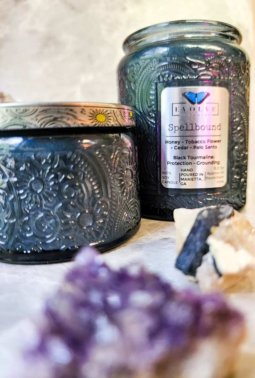 Evolve Botanica Spellbound  - Wood Wick Soy Candle (Black Tourmaline) Embossed Glass