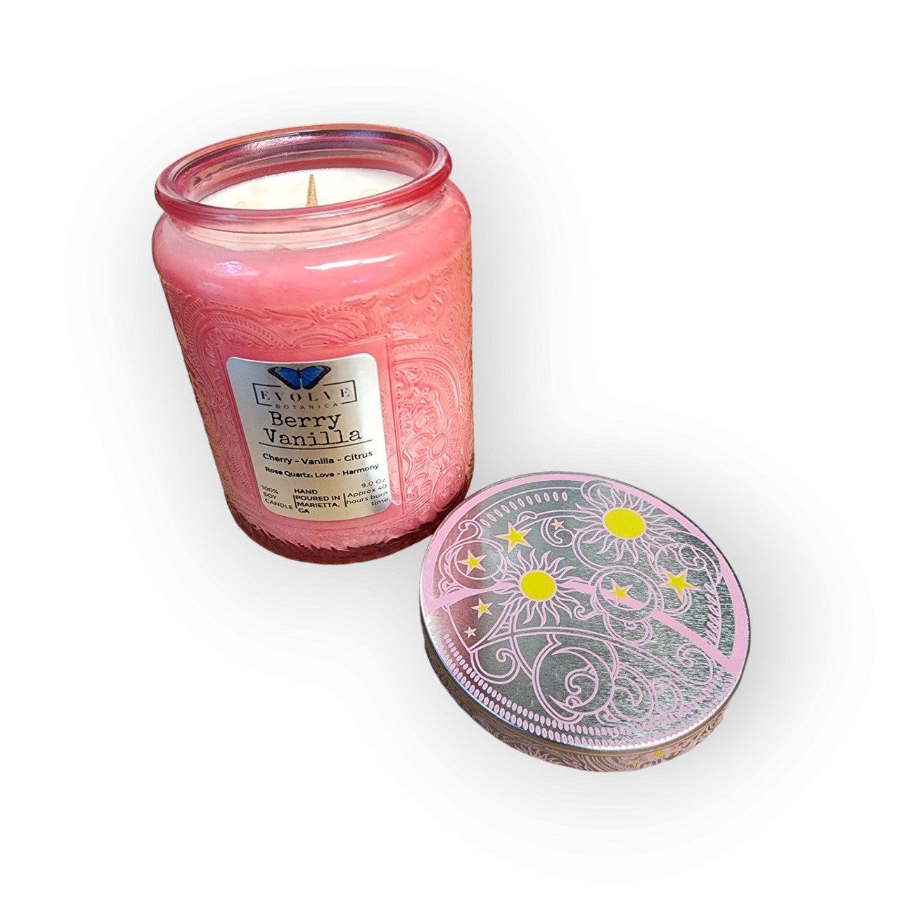 Berry Vanilla - Wood Wick Soy Candle (Rose Quartz) Embossed Glass Jar Evolve Botanica
