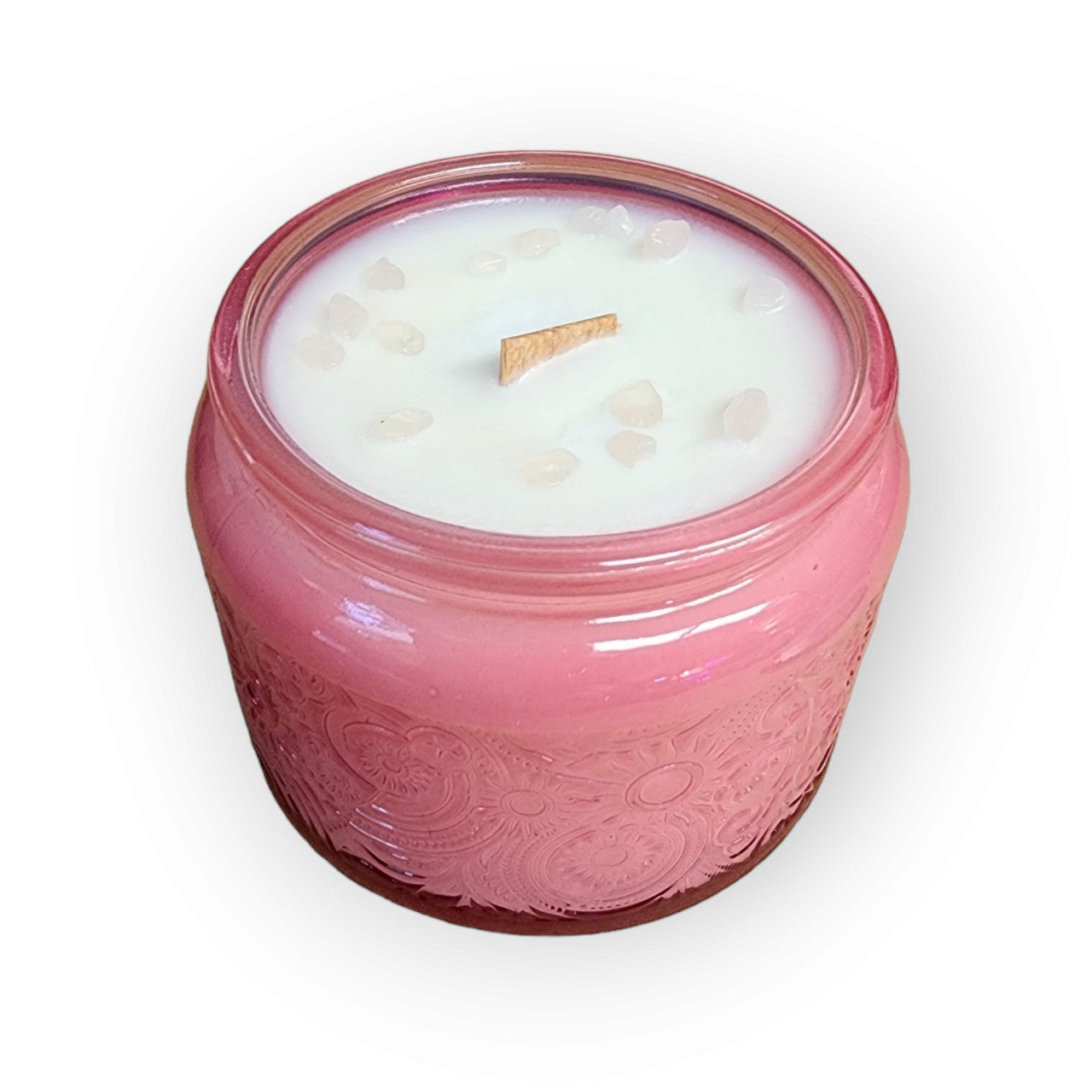 Berry Vanilla - Wood Wick Soy Candle (Rose Quartz) Embossed Glass Jar Evolve Botanica