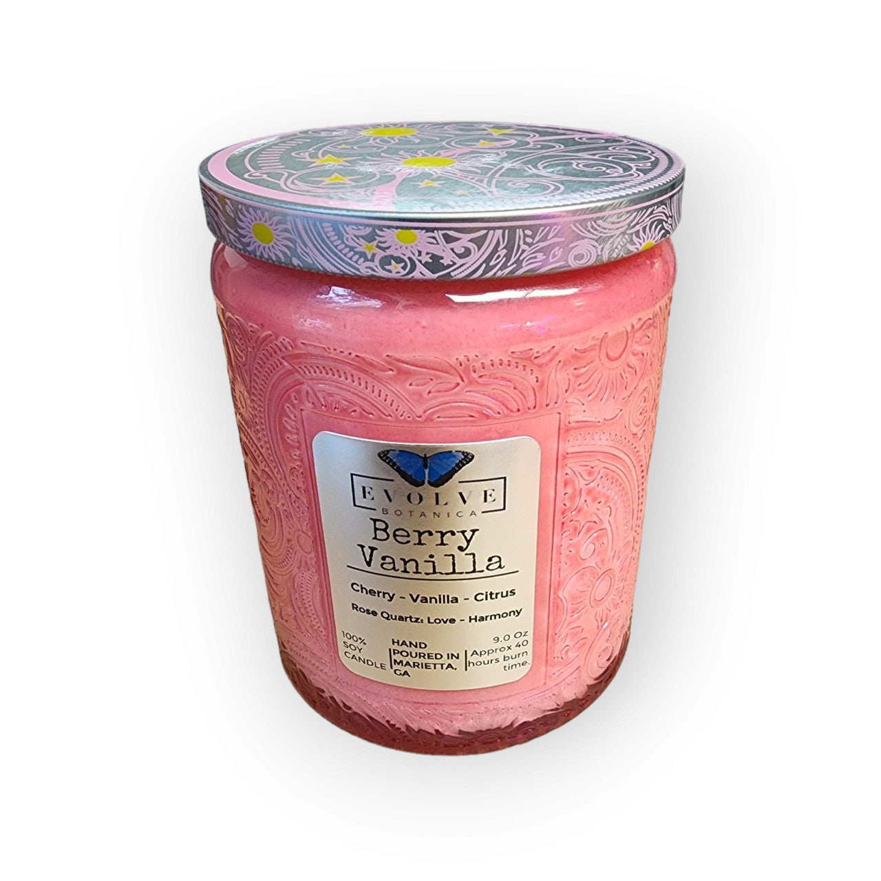 Berry Vanilla - Wood Wick Soy Candle (Rose Quartz) Embossed Glass Jar Evolve Botanica