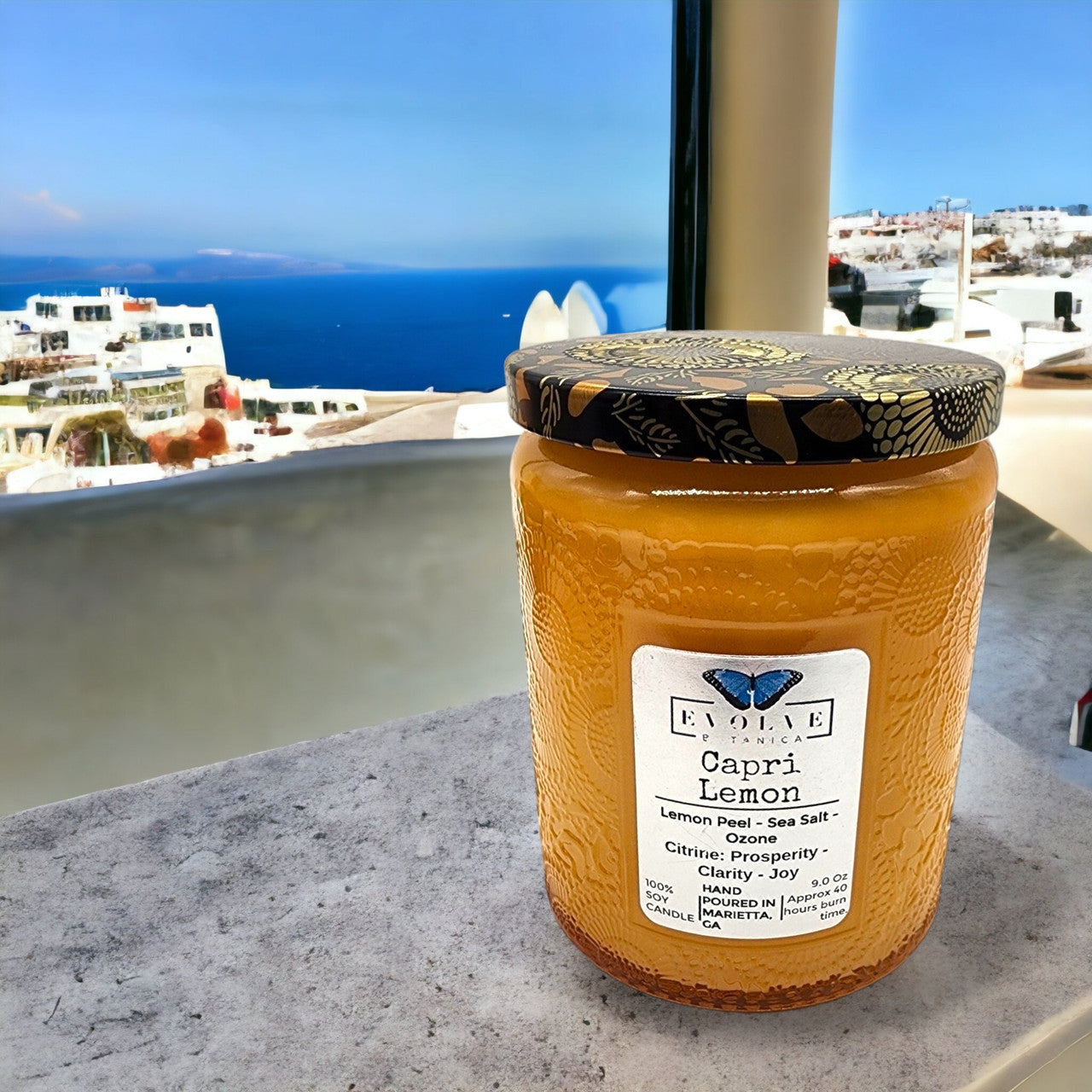 Capri Lemon - Wood Wick Soy Candle (Citrine) - Embossed Glass Evolve Botanica