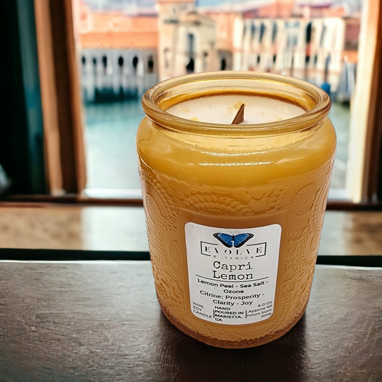 Capri Lemon - Wood Wick Soy Candle (Citrine) - Embossed Glass Evolve Botanica