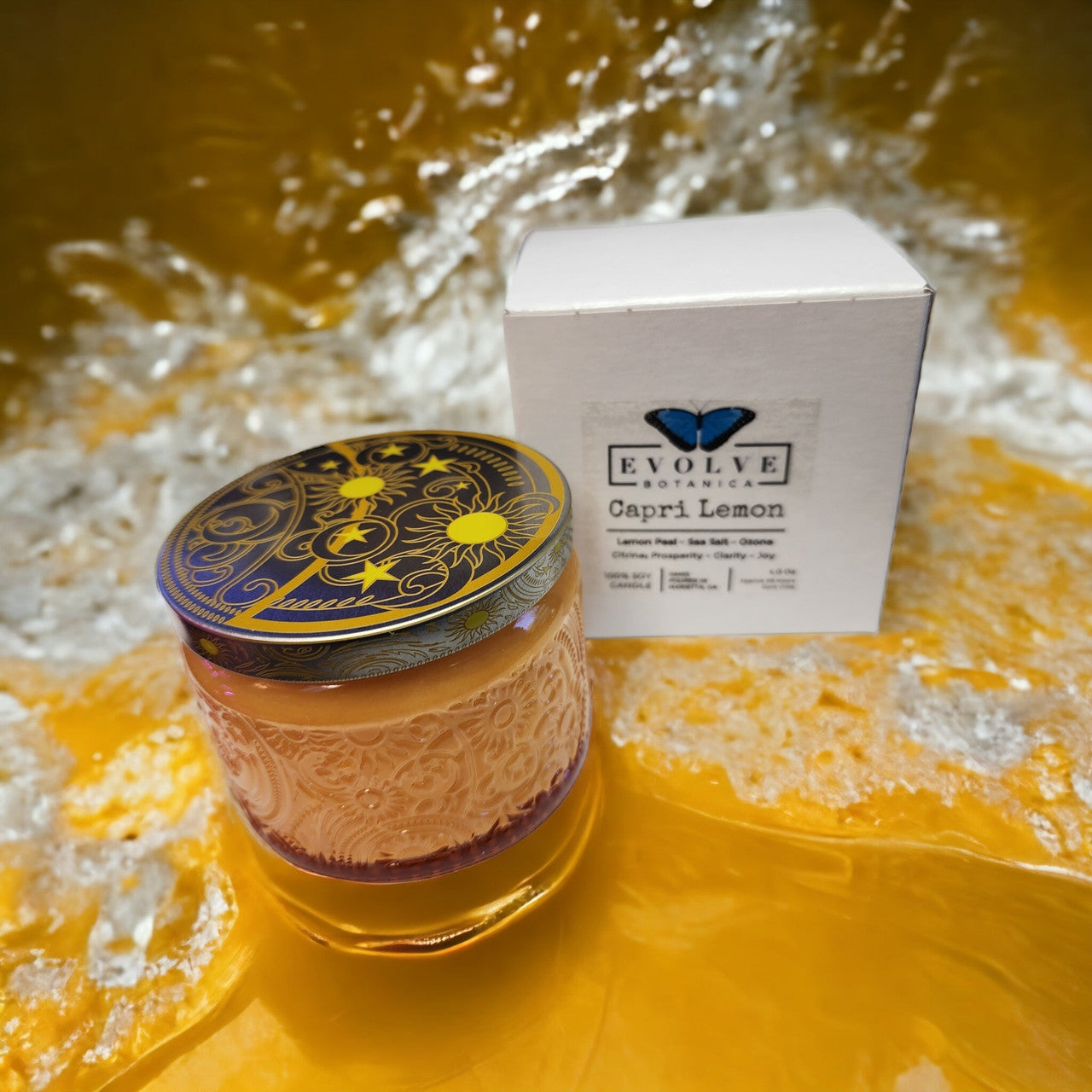 Capri Lemon - Wood Wick Soy Candle (Citrine) - Embossed Glass Evolve Botanica