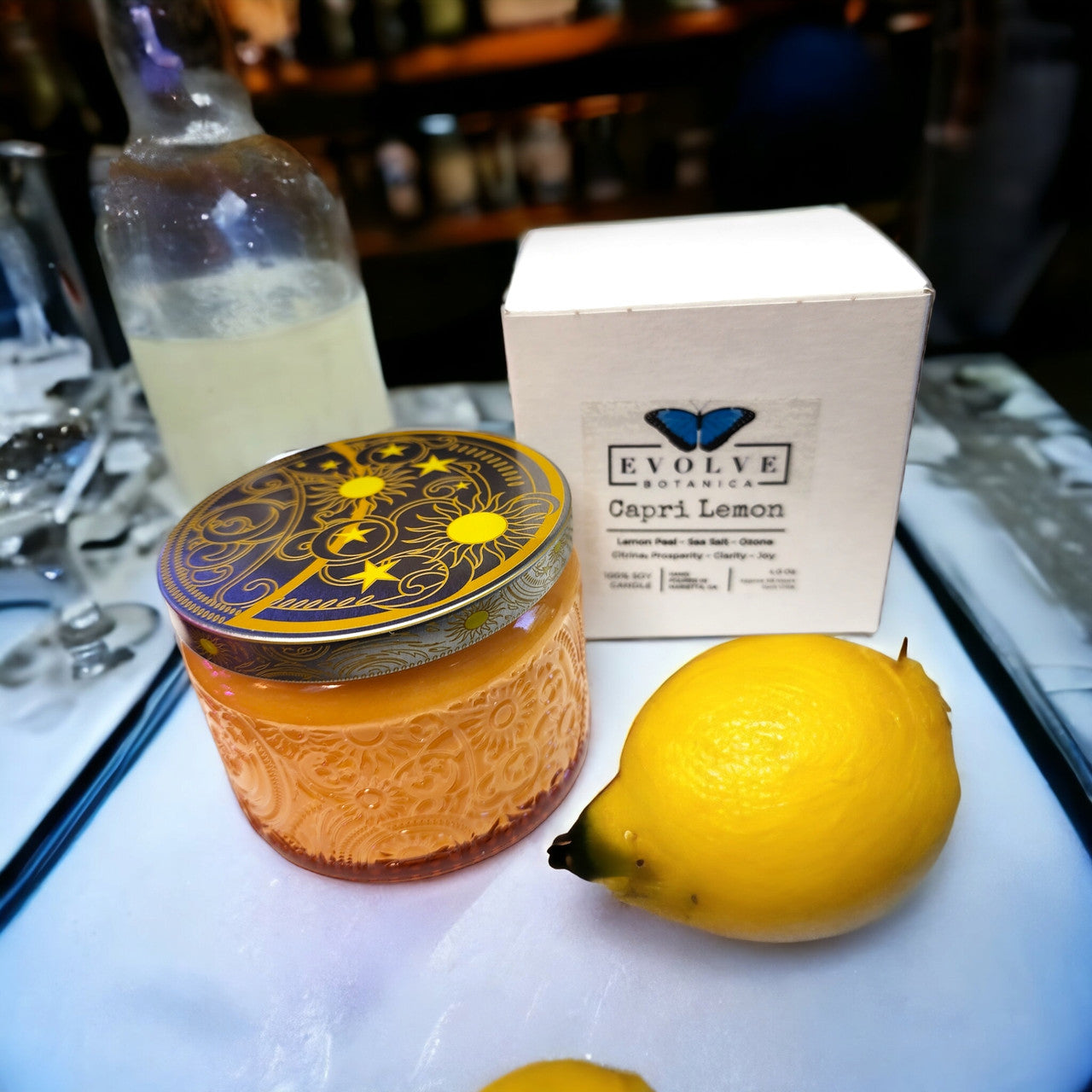 Capri Lemon - Wood Wick Soy Candle (Citrine) - Embossed Glass Evolve Botanica