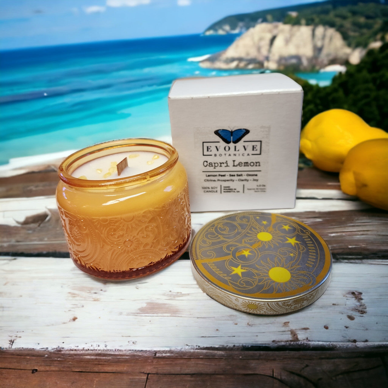 Capri Lemon - Wood Wick Soy Candle (Citrine) - Embossed Glass Evolve Botanica