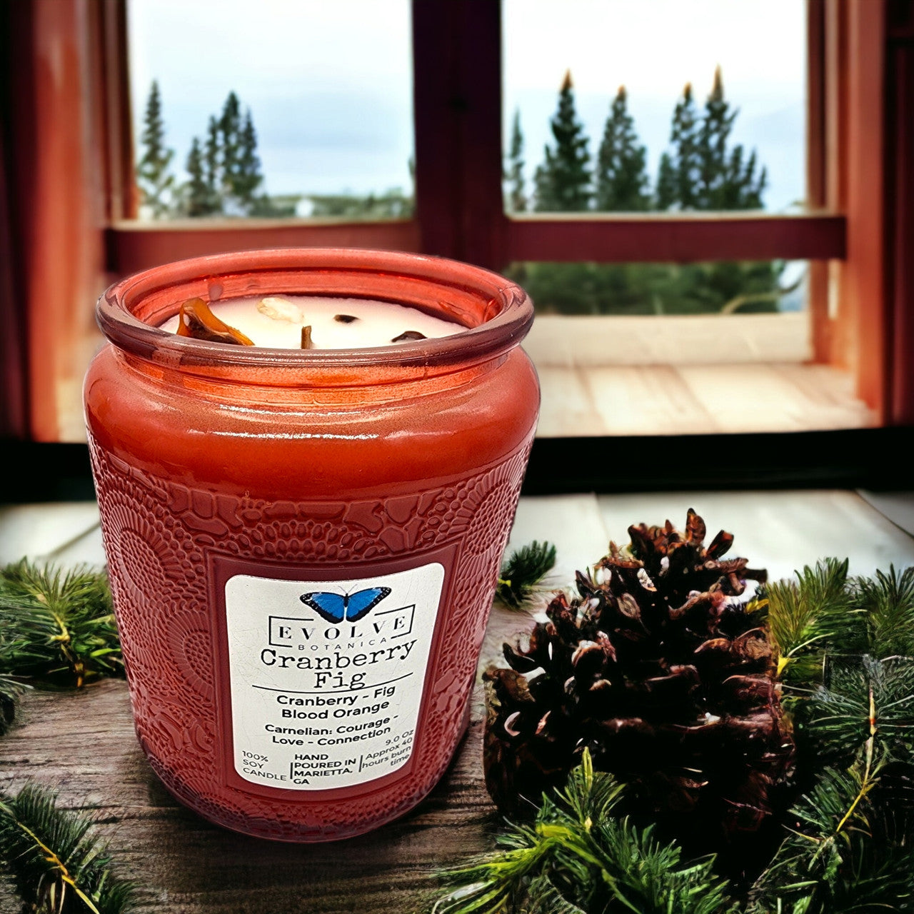 Evolve Botanica Cranberry Fig - Wood Wick Soy Candle (Carnelian) - Embossed Glass