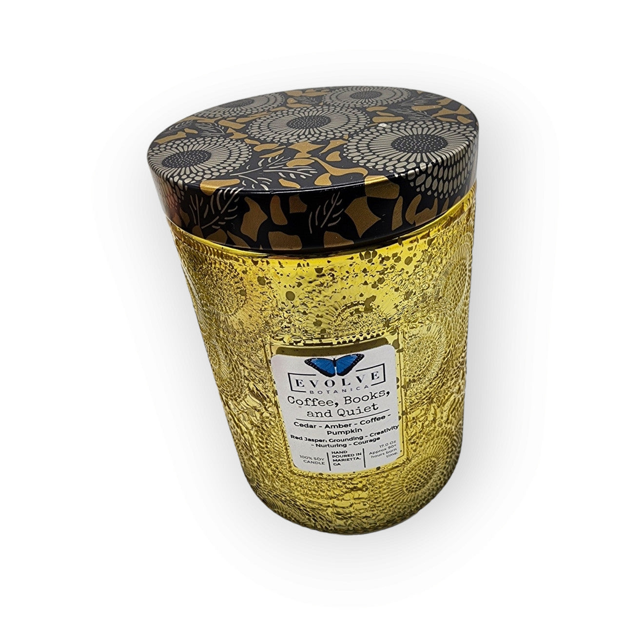 Evolve Botanica Coffee, Books, & Quiet - Wood Wick Soy Candle (Jasper) - Embossed Glass