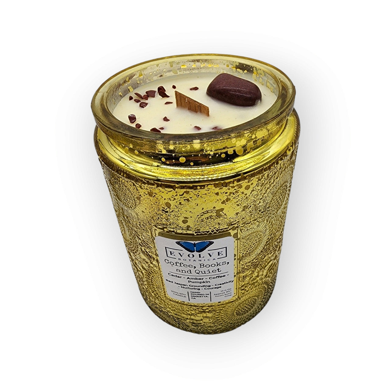 Evolve Botanica Coffee, Books, & Quiet - Wood Wick Soy Candle (Jasper) - Embossed Glass
