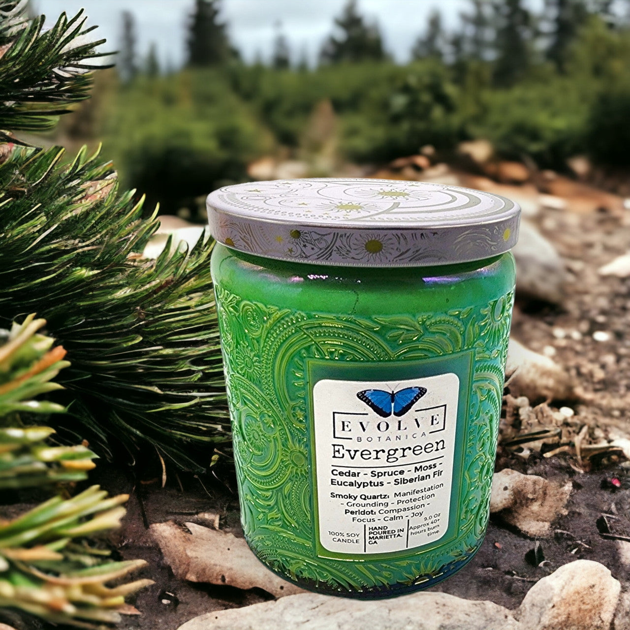 Evolve Botanica Evergreen - Wood Wick Soy Candle (Peridot & Smoky Quartz )- Embossed Glass