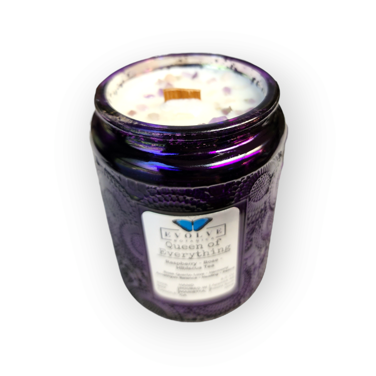 Evolve Botanica Queen of Everything - 4 oz Wood Wick Soy Candle (Amethyst, Rose Quartz)
