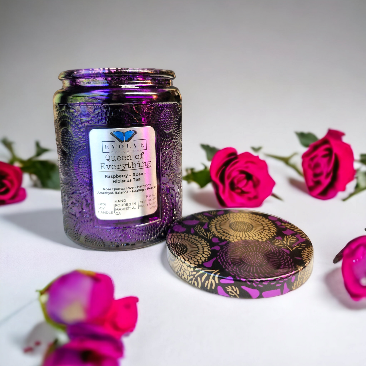 Evolve Botanica Queen of Everything - 4 oz Wood Wick Soy Candle (Amethyst, Rose Quartz)