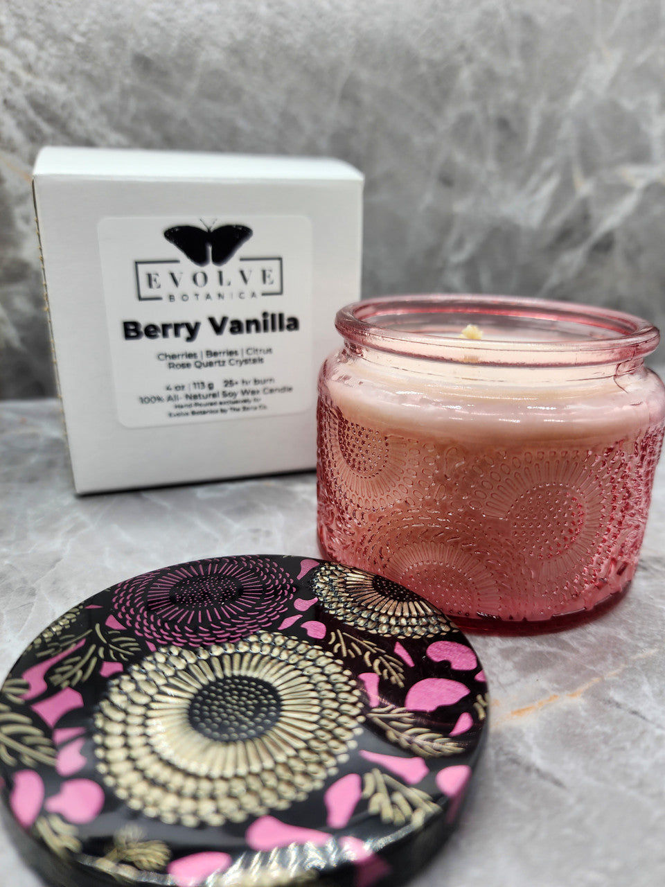 Berry Vanilla - Wood Wick Soy Candle (Rose Quartz) Embossed Glass Jar Evolve Botanica