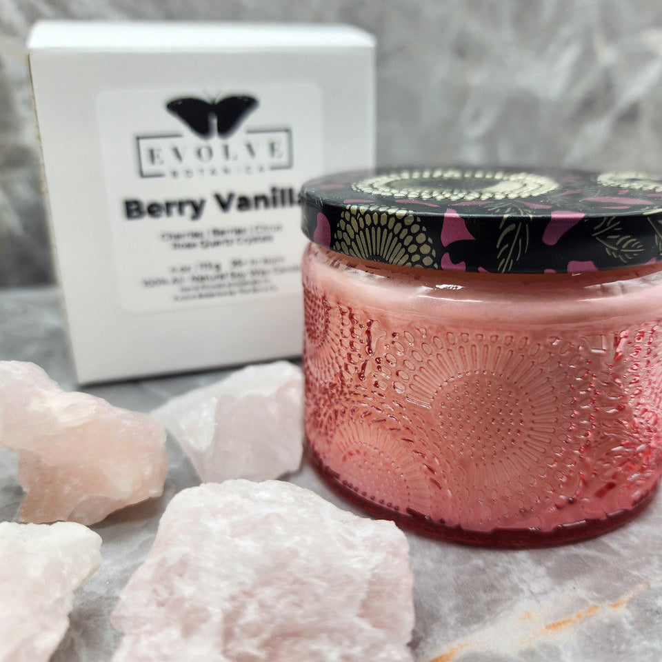 Berry Vanilla - Wood Wick Soy Candle (Rose Quartz) Embossed Glass Jar Evolve Botanica