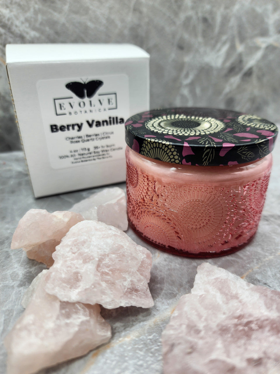 Berry Vanilla - Wood Wick Soy Candle (Rose Quartz) Embossed Glass Jar Evolve Botanica