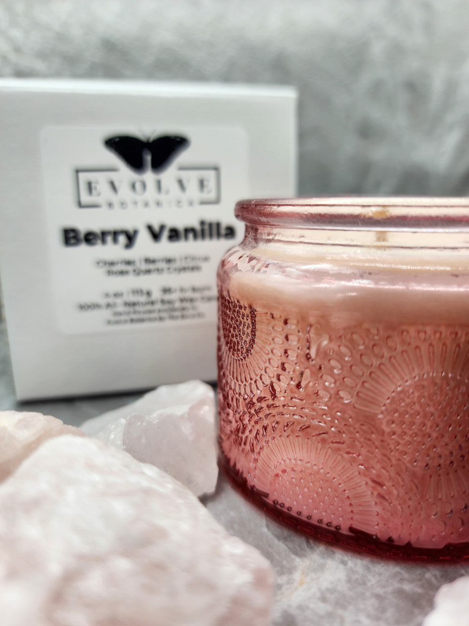 Berry Vanilla - Wood Wick Soy Candle (Rose Quartz) Embossed Glass Jar Evolve Botanica