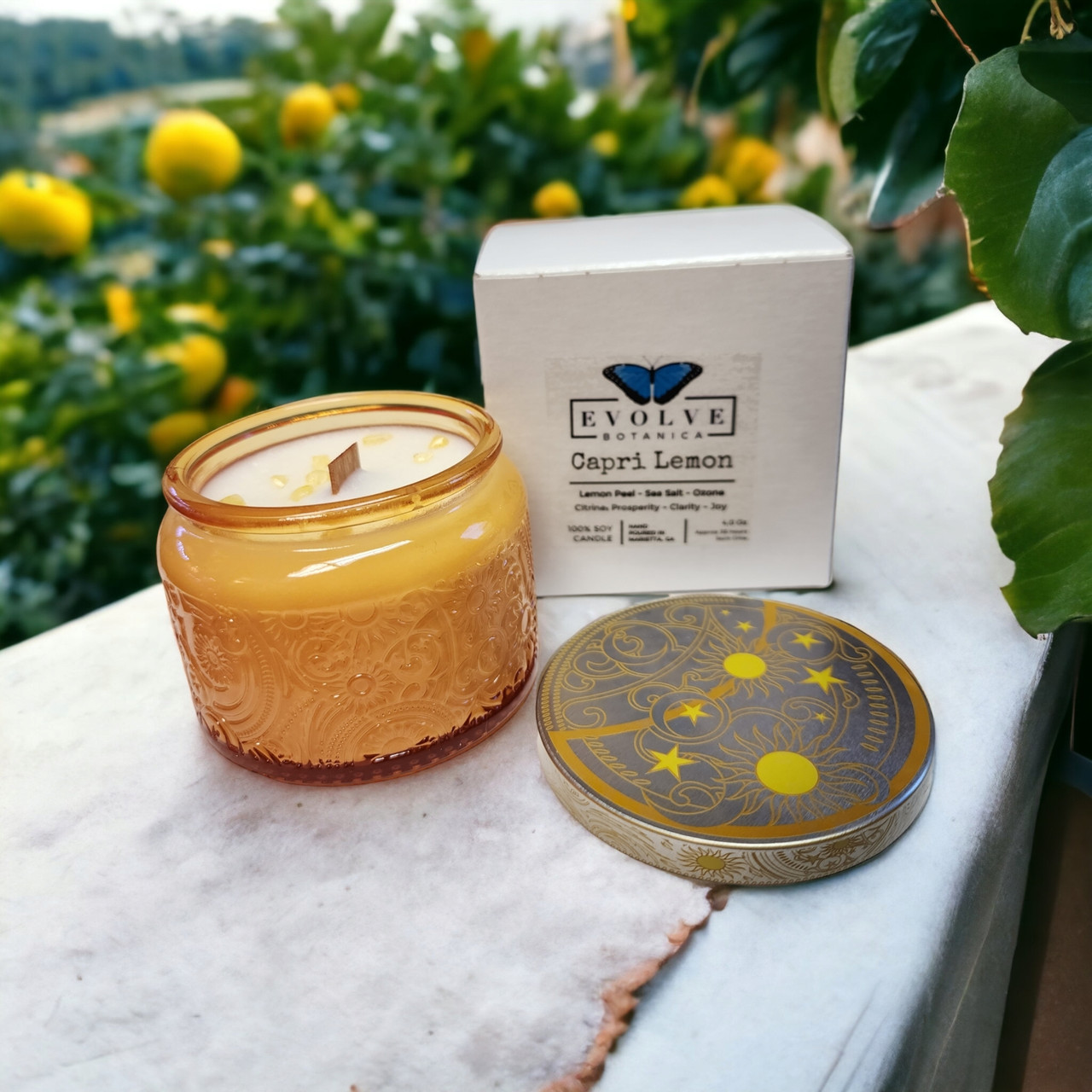 Capri Lemon - Wood Wick Soy Candle (Citrine) - Embossed Glass