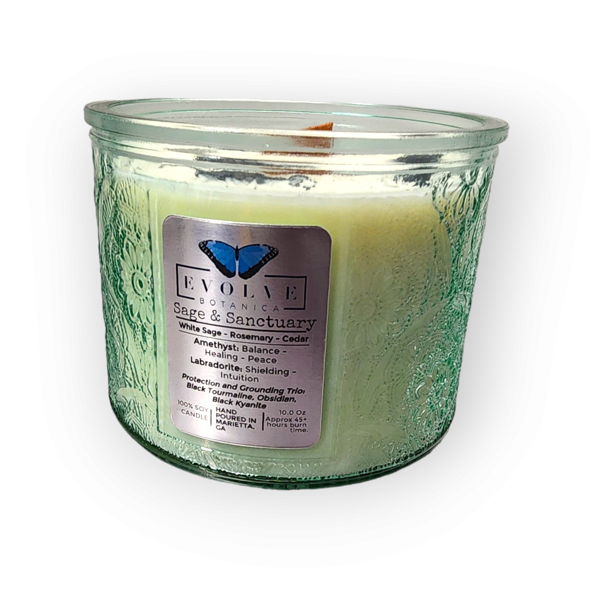 Sage & Sanctuary - Wood Wick Soy Candle (Black Kyanite, Black Tourmaline, Obsidian, Amethyst, Labradorite)- Embossed Glass