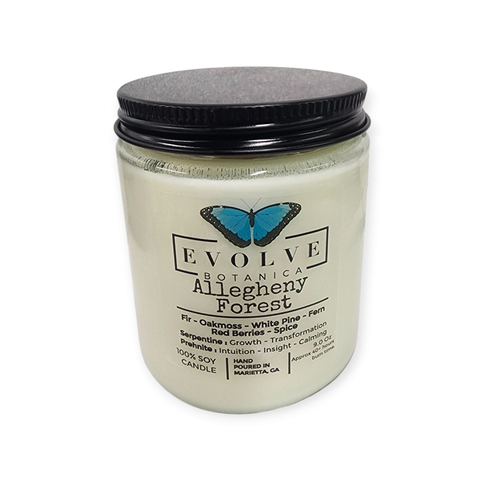 Evolve Botanica Classic 9oz Jam Jar Crystal Soy Candle - Allegheny Forest (Serpentine & Prehnite )