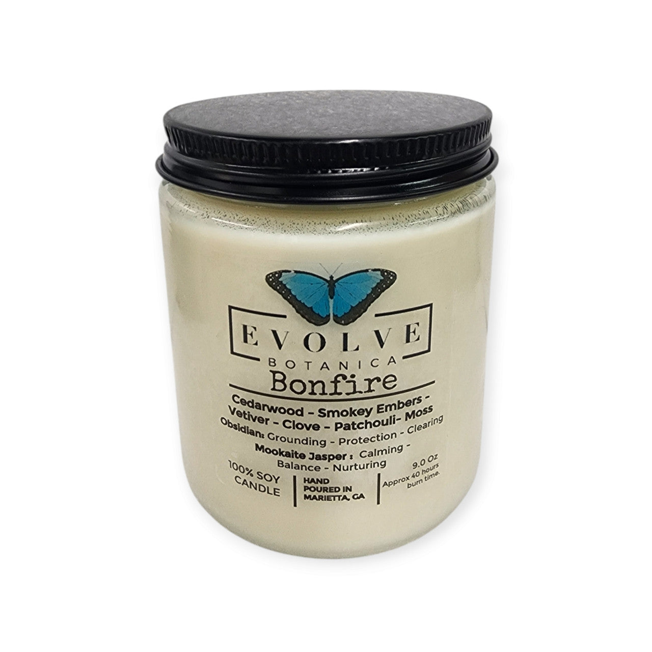 Evolve Botanica Classic 9oz Jam Jar Crystal Soy Candle - Bonfire (Obsidian & Mookaite)