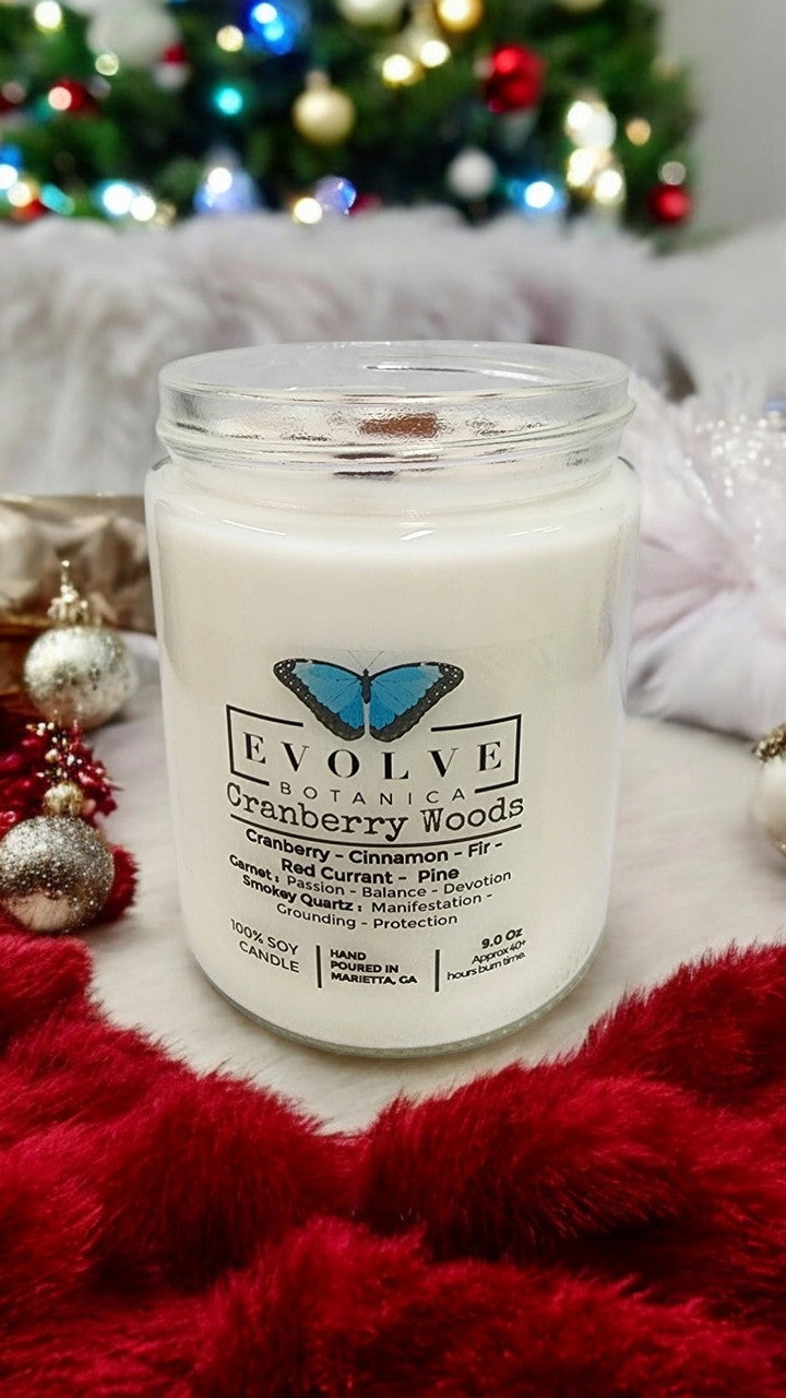 Evolve Botanica Classic 9oz Jam Jar Crystal Soy Candle - Cranberry Woods (Garnet & Smokey Quartz)