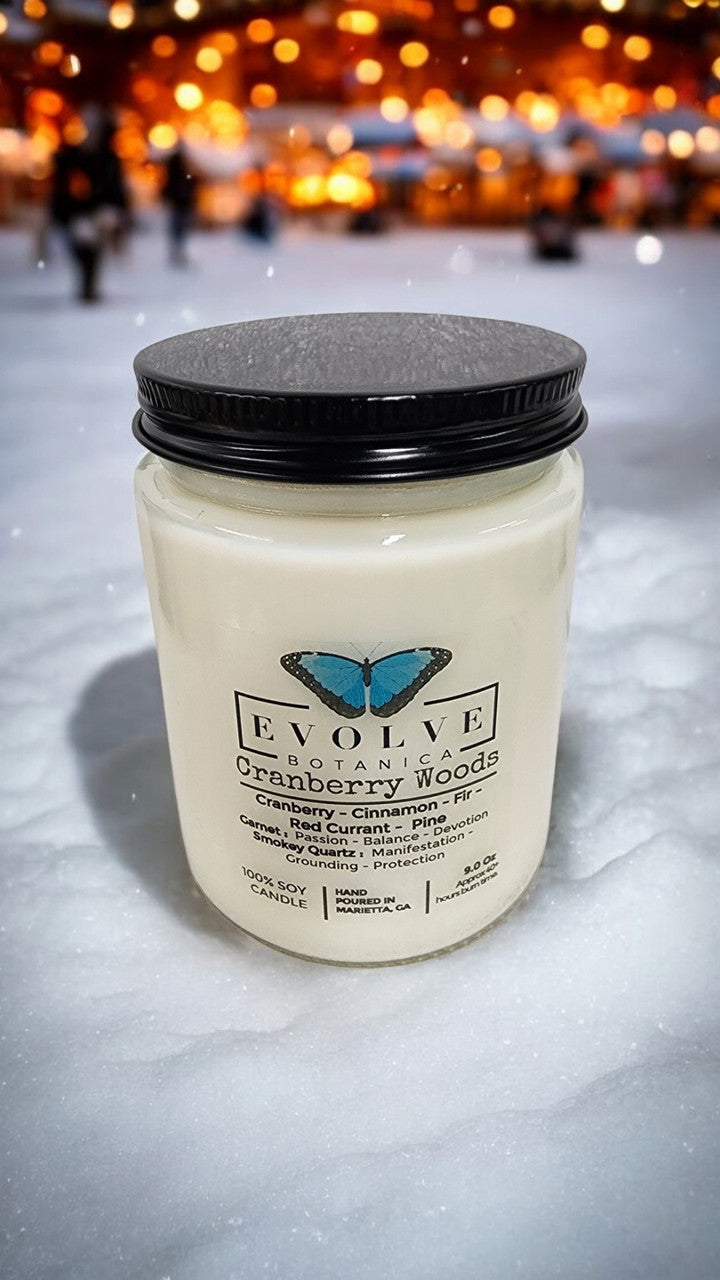 Evolve Botanica Classic 9oz Jam Jar Crystal Soy Candle - Cranberry Woods (Garnet & Smokey Quartz)