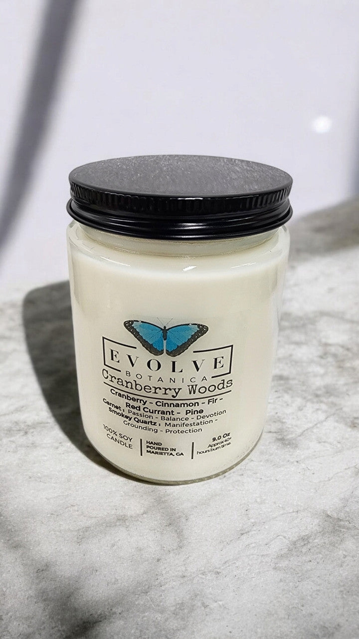 Evolve Botanica Classic 9oz Jam Jar Crystal Soy Candle - Cranberry Woods (Garnet & Smokey Quartz)