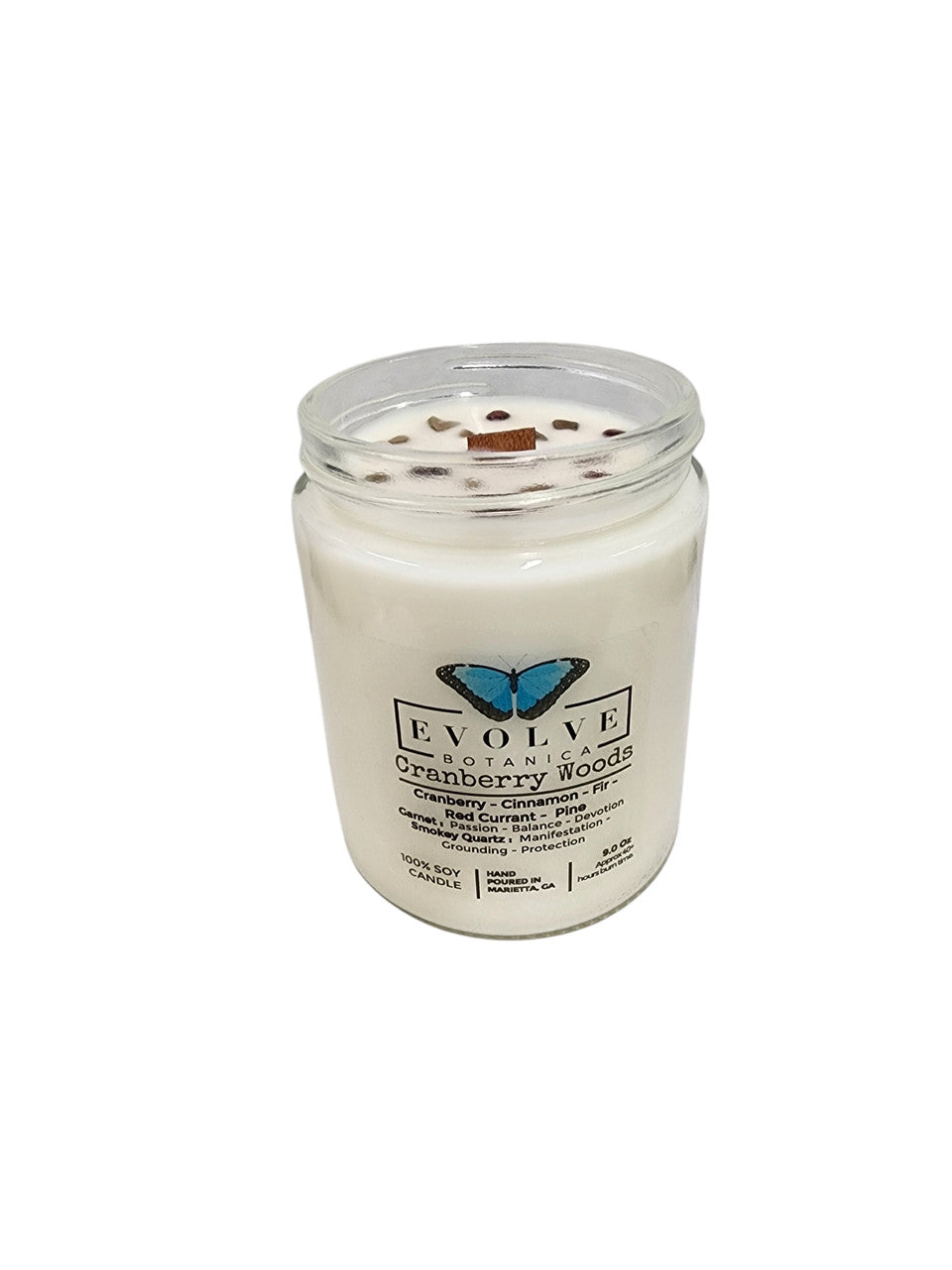 Evolve Botanica Classic 9oz Jam Jar Crystal Soy Candle - Cranberry Woods (Garnet & Smokey Quartz)