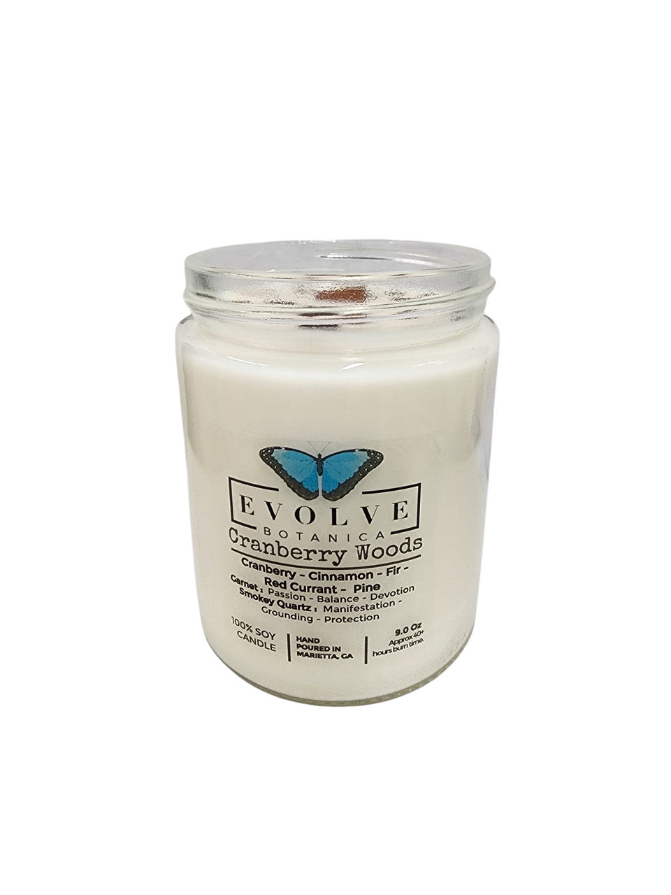 Evolve Botanica Classic 9oz Jam Jar Crystal Soy Candle - Cranberry Woods (Garnet & Smokey Quartz)