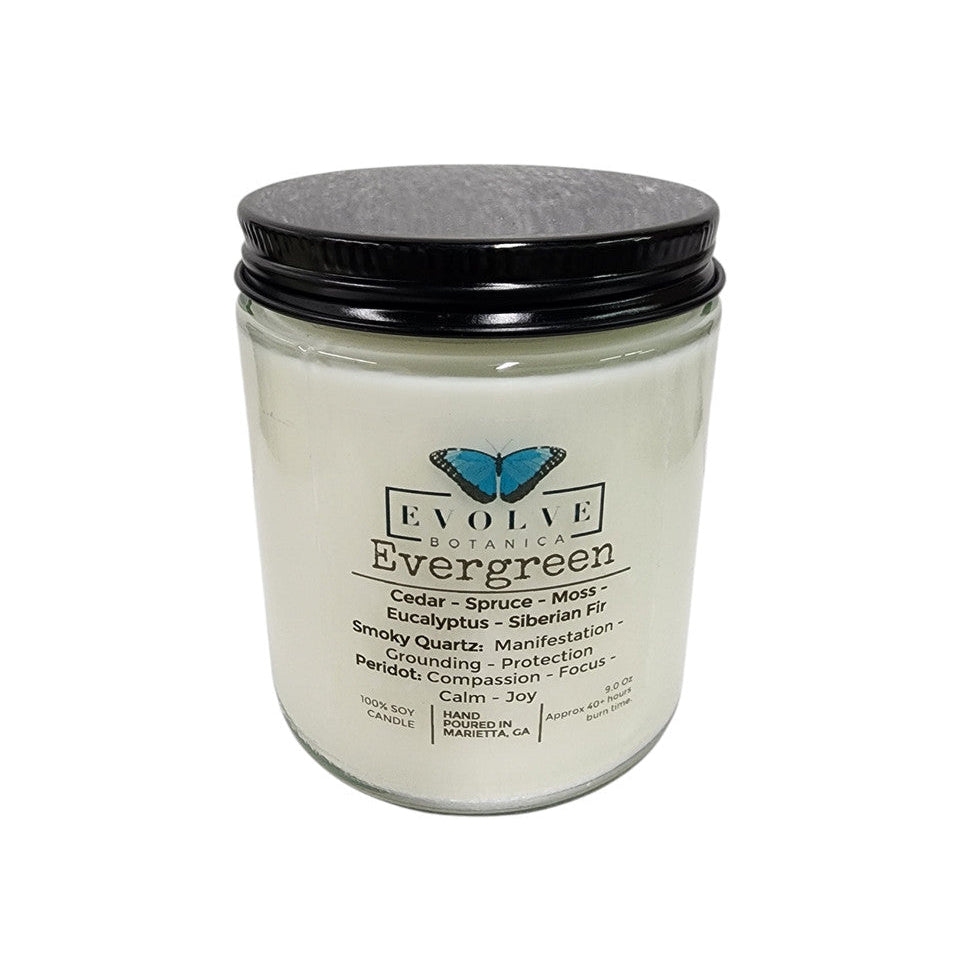 Evolve Botanica Classic 9oz Jam Jar Crystal Soy Candle - Evergreen (Smoky Quartz & Peridot)