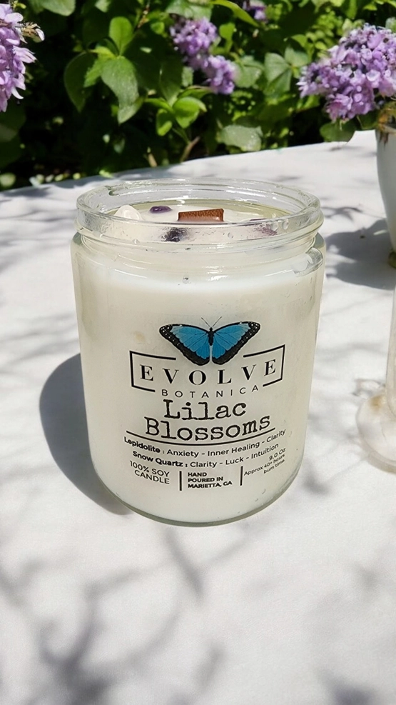 Evolve Botanica Classic 9oz Jam Jar Crystal Soy Candle - Lilac Blossoms (Lepidolite)