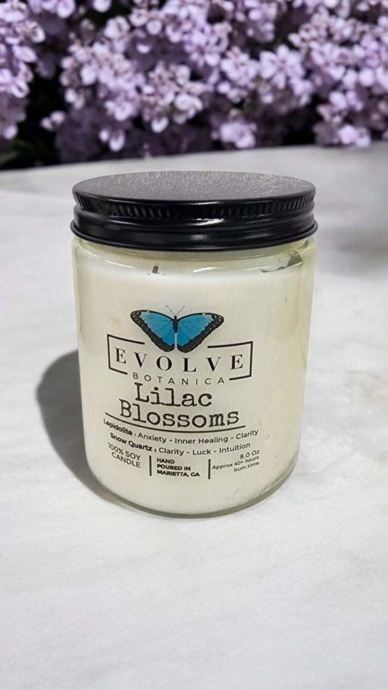Evolve Botanica Classic 9oz Jam Jar Crystal Soy Candle - Lilac Blossoms (Lepidolite)