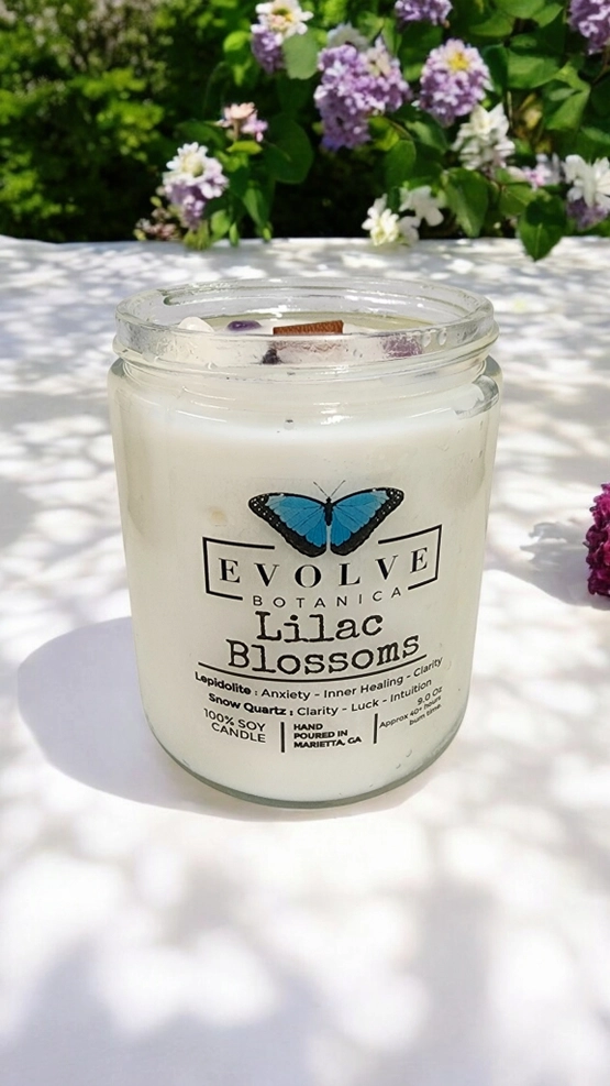 Evolve Botanica Classic 9oz Jam Jar Crystal Soy Candle - Lilac Blossoms (Lepidolite)