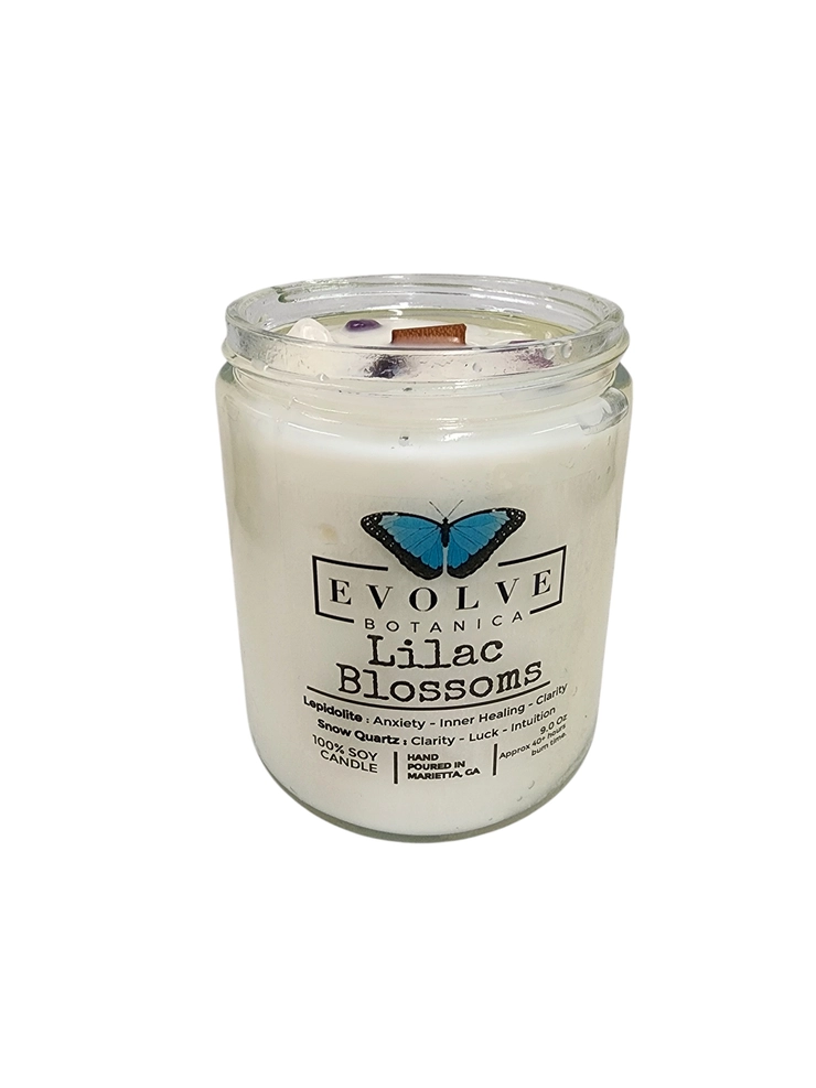 Evolve Botanica Classic 9oz Jam Jar Crystal Soy Candle - Lilac Blossoms (Lepidolite)