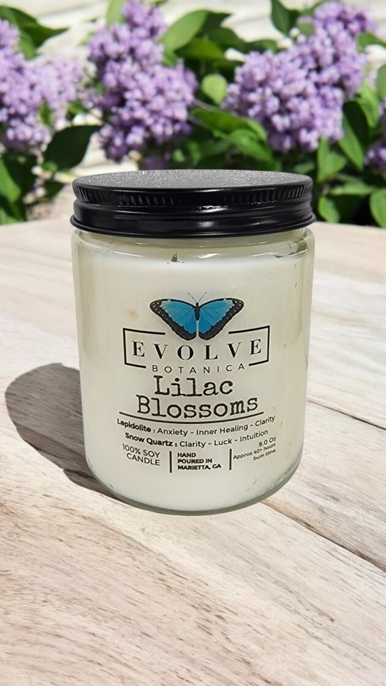 Evolve Botanica Classic 9oz Jam Jar Crystal Soy Candle - Lilac Blossoms (Lepidolite)
