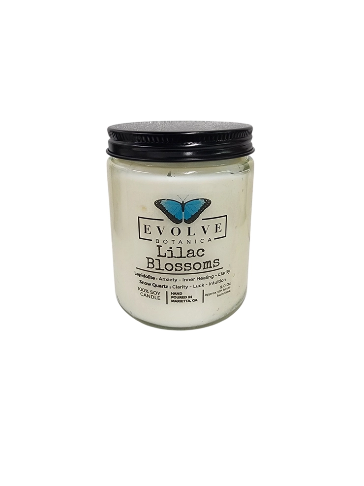 Evolve Botanica Classic 9oz Jam Jar Crystal Soy Candle - Lilac Blossoms (Lepidolite)