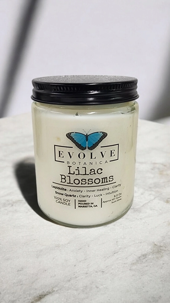 Evolve Botanica Classic 9oz Jam Jar Crystal Soy Candle - Lilac Blossoms (Lepidolite)