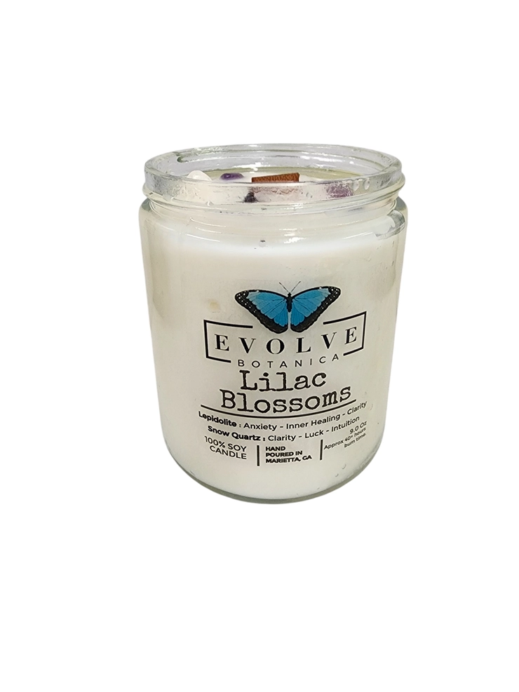 Evolve Botanica Classic 9oz Jam Jar Crystal Soy Candle - Lilac Blossoms (Lepidolite)