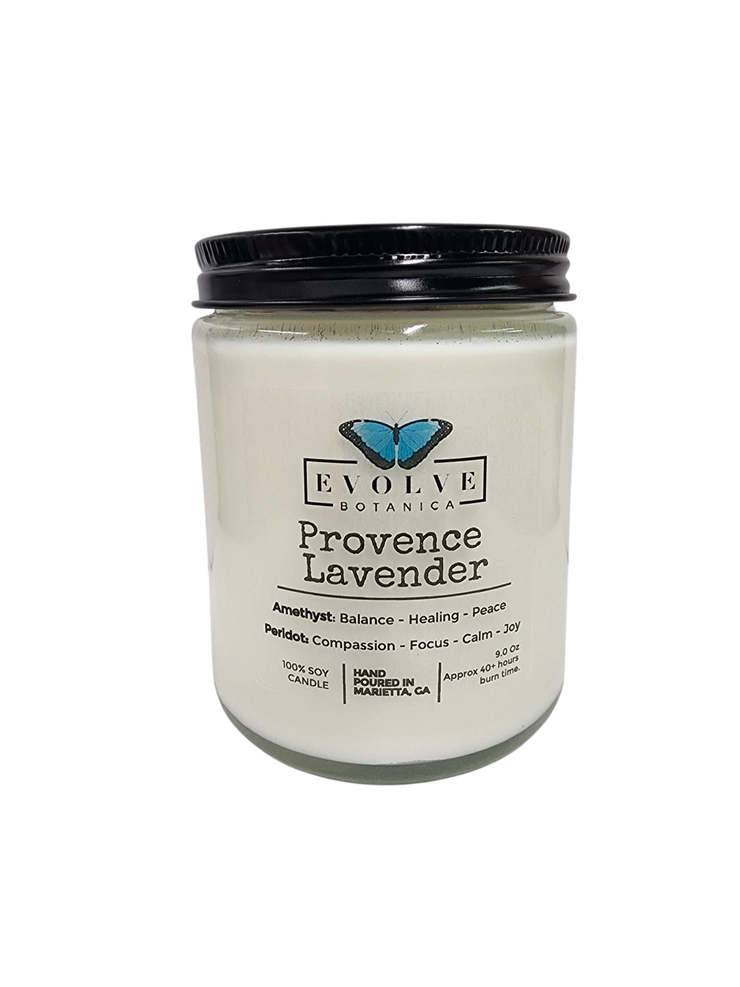 Evolve Botanica Classic 9oz Jam Jar Crystal Soy Candle - Provence Lavender (Amethyst & Peridot)