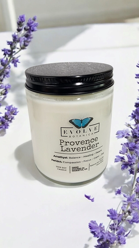 Evolve Botanica Classic 9oz Jam Jar Crystal Soy Candle - Provence Lavender (Amethyst & Peridot)