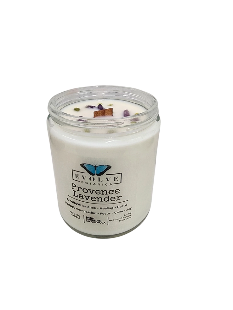 Evolve Botanica Classic 9oz Jam Jar Crystal Soy Candle - Provence Lavender (Amethyst & Peridot)
