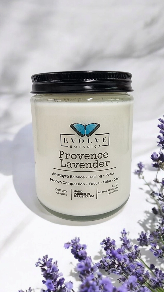 Evolve Botanica Classic 9oz Jam Jar Crystal Soy Candle - Provence Lavender (Amethyst & Peridot)