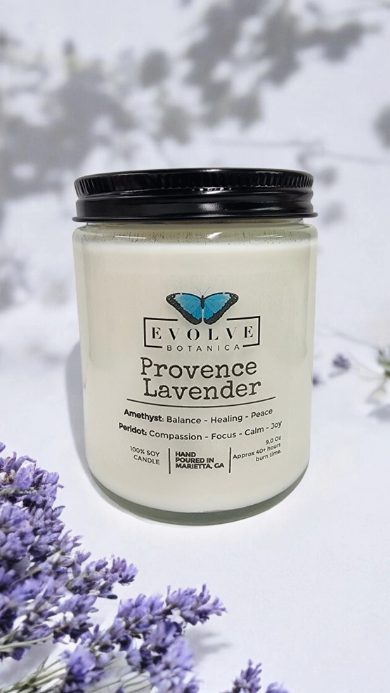 Evolve Botanica Classic 9oz Jam Jar Crystal Soy Candle - Provence Lavender (Amethyst & Peridot)