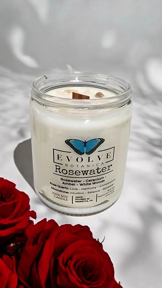 Evolve Botanica Classic 9oz Jam Jar Crystal Soy Candle - Rosewater (Rose Quartz & Moonstone)