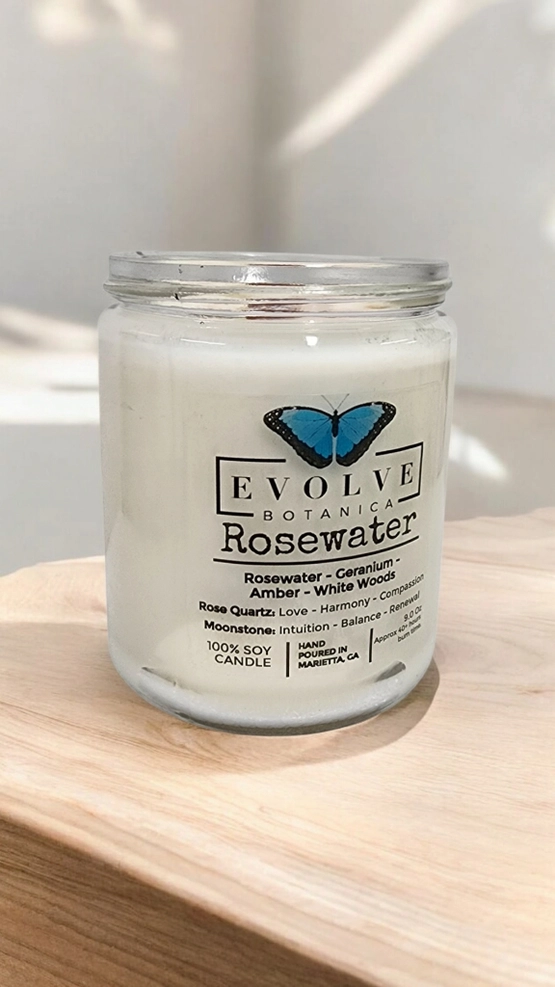 Evolve Botanica Classic 9oz Jam Jar Crystal Soy Candle - Rosewater (Rose Quartz & Moonstone)