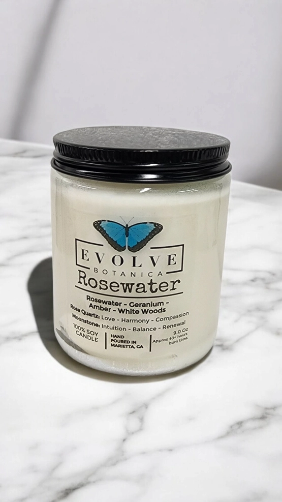 Evolve Botanica Classic 9oz Jam Jar Crystal Soy Candle - Rosewater (Rose Quartz & Moonstone)